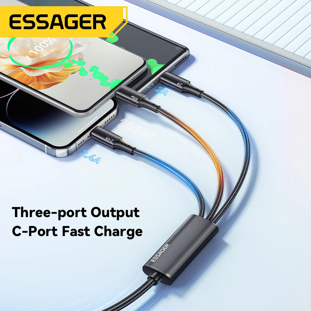 100W 7A USB Type C Fast Charger Cable 3 in 1 Fast Charging Cable for Iphone 16 15 14 13 12 Promax Samsung Xiaomi Macbook