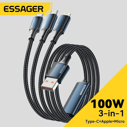 100W 7A USB Type C Fast Charger Cable 3 in 1 Fast Charging Cable for Iphone 16 15 14 13 12 Promax Samsung Xiaomi Macbook