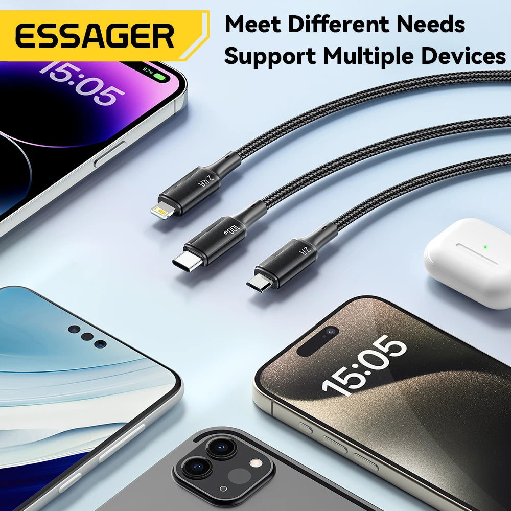 100W 7A USB Type C Fast Charger Cable 3 in 1 Fast Charging Cable for Iphone 16 15 14 13 12 Promax Samsung Xiaomi Macbook