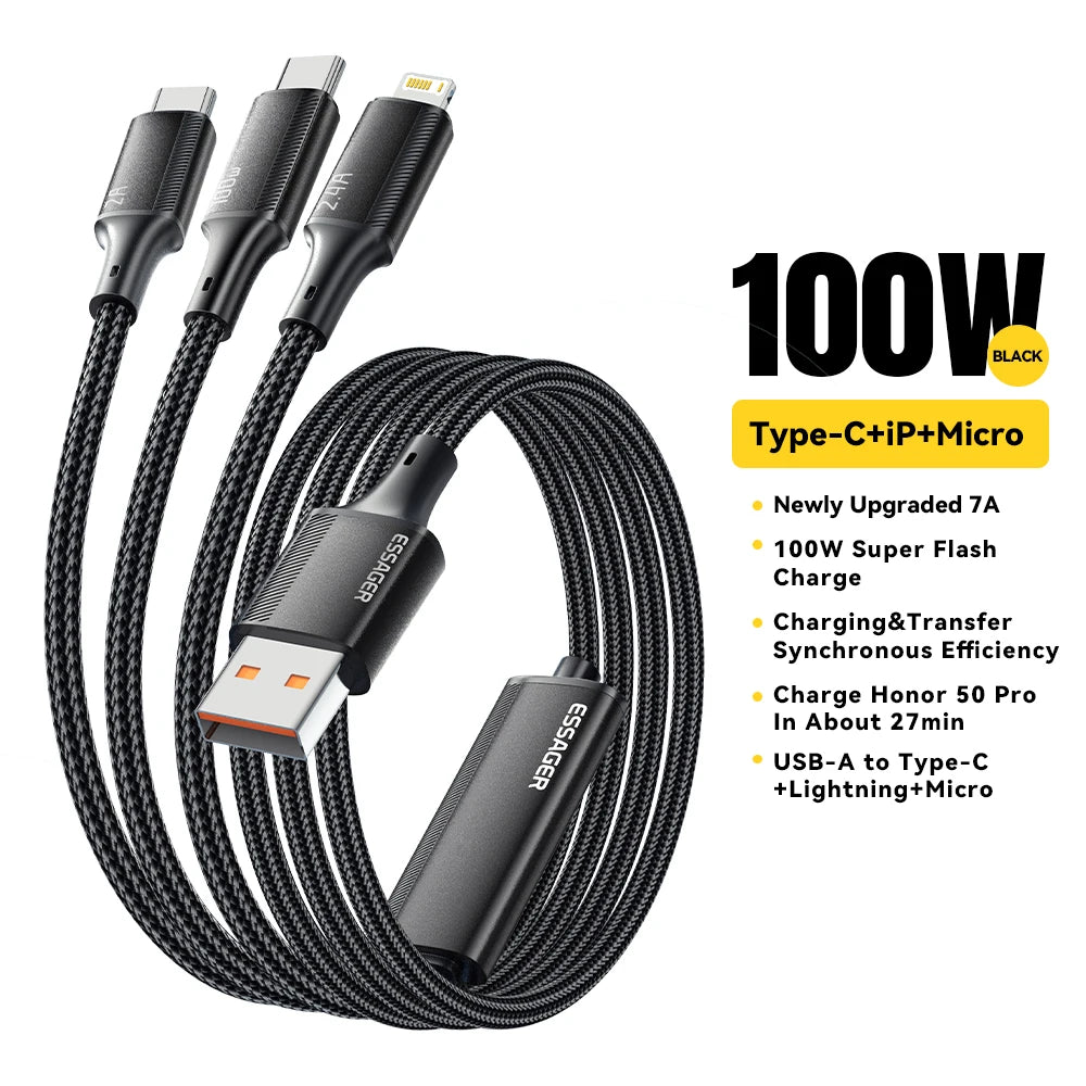 100W 7A USB Type C Fast Charger Cable 3 in 1 Fast Charging Cable for Iphone 16 15 14 13 12 Promax Samsung Xiaomi Macbook