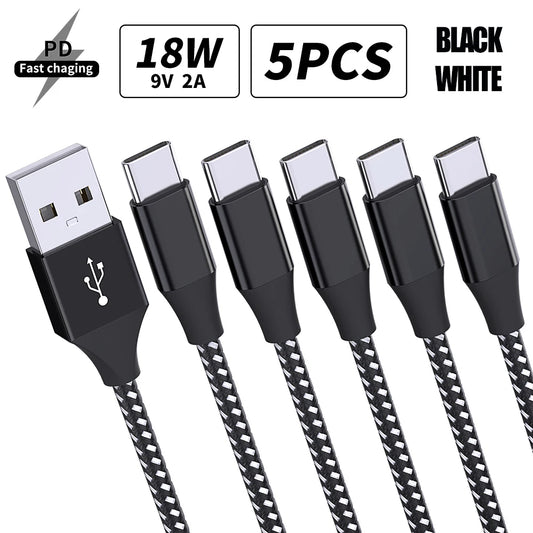 5Packs 18W USB Type C Charge Cable Charger Data Wire Cord for Iphone 16 15 Macbook Samsung S21 S20 S10 S9 S8 Huawei P40 Xiaomi 9