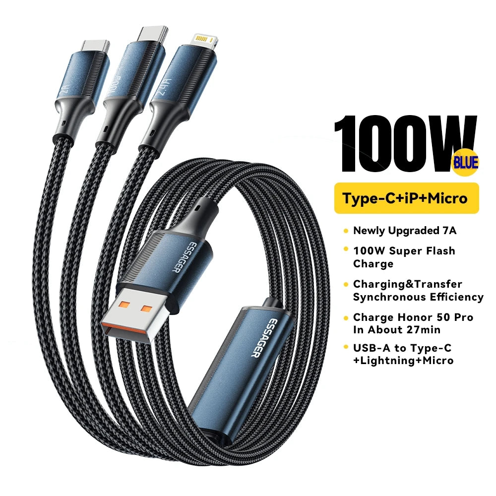 100W 7A USB Type C Fast Charger Cable 3 in 1 Fast Charging Cable for Iphone 16 15 14 13 12 Promax Samsung Xiaomi Macbook